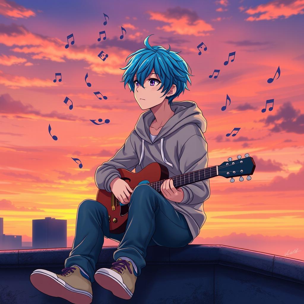 An anime character with vibrant blue hair, sitting on a rooftop at sunset, surrounded by music notes swirling in the air