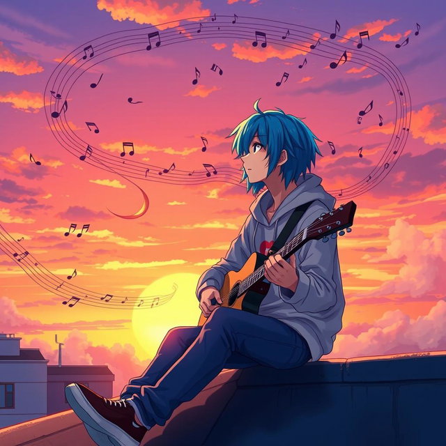 An anime character with vibrant blue hair, sitting on a rooftop at sunset, surrounded by music notes swirling in the air