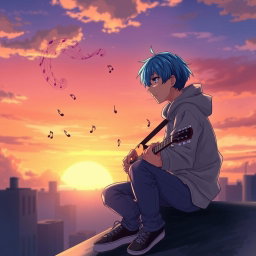 An anime character with vibrant blue hair, sitting on a rooftop at sunset, surrounded by music notes swirling in the air