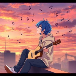 An anime character with vibrant blue hair, sitting on a rooftop at sunset, surrounded by music notes swirling in the air