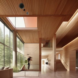 A very large living room featuring a stairway and a TV, inspired by the architecture details given in the provided link.