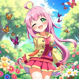 An anime character named Mia with long, flowing pink hair and bright green eyes, radiating energy and warmth
