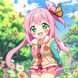 An anime character named Mia with long, flowing pink hair and bright green eyes, radiating energy and warmth