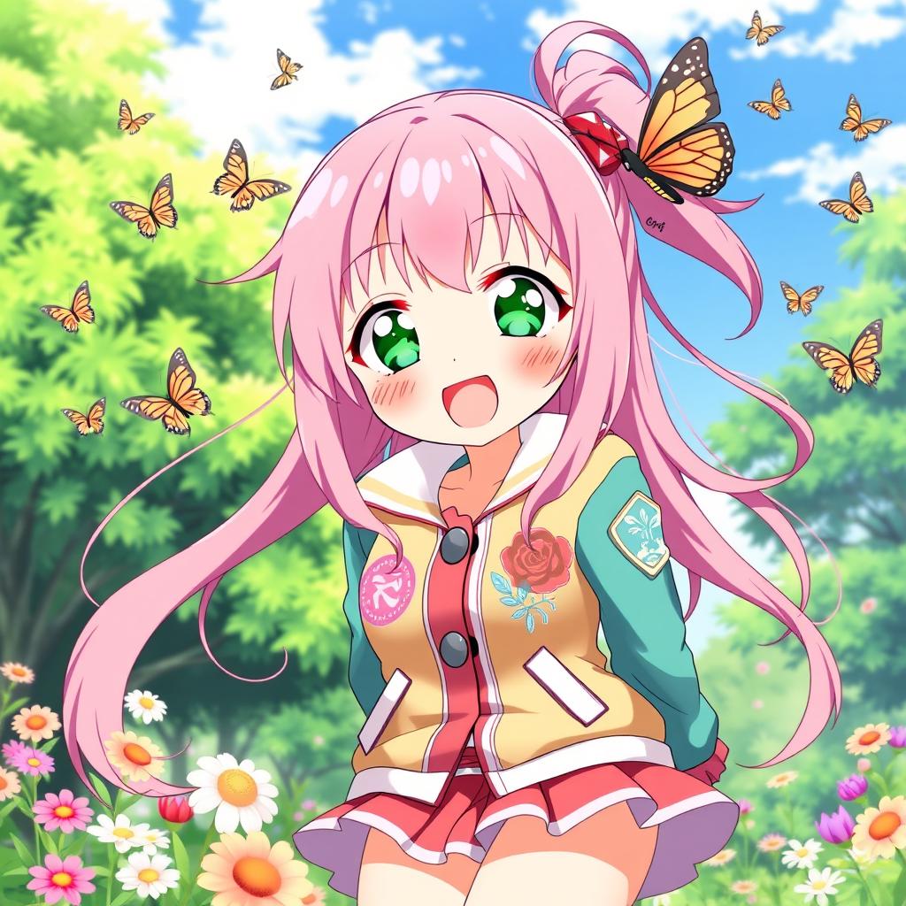 An anime character named Mia with long, flowing pink hair and bright green eyes, radiating energy and warmth