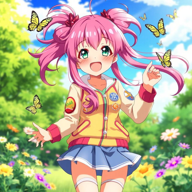 An anime character named Mia with long, flowing pink hair and bright green eyes, radiating energy and warmth