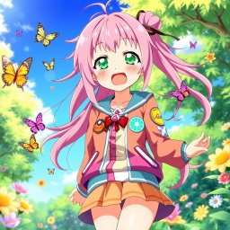 An anime character named Mia with long, flowing pink hair and bright green eyes, radiating energy and warmth