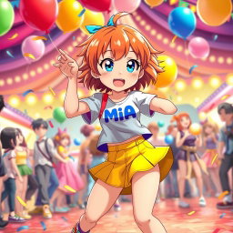 An anime character named Mia with cheerful, short orange hair and expressive blue eyes, bursting with energy and vivacity