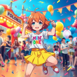 An anime character named Mia with cheerful, short orange hair and expressive blue eyes, bursting with energy and vivacity