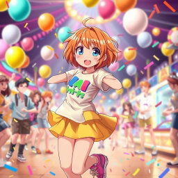 An anime character named Mia with cheerful, short orange hair and expressive blue eyes, bursting with energy and vivacity