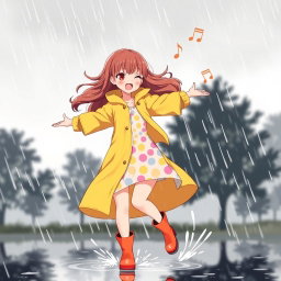 An anime girl with long, wavy chestnut hair, joyfully dancing in the rain