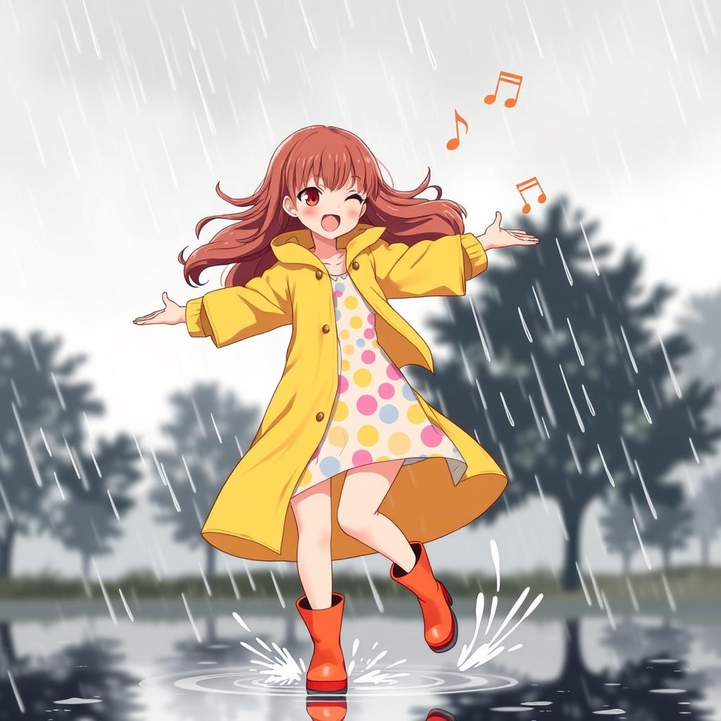 An anime girl with long, wavy chestnut hair, joyfully dancing in the rain