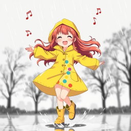 An anime girl with long, wavy chestnut hair, joyfully dancing in the rain