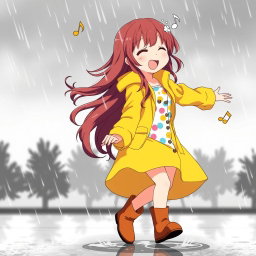 An anime girl with long, wavy chestnut hair, joyfully dancing in the rain