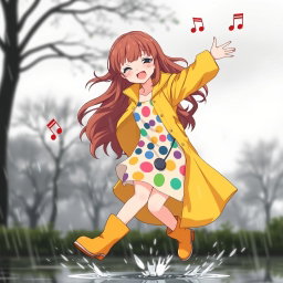 An anime girl with long, wavy chestnut hair, joyfully dancing in the rain