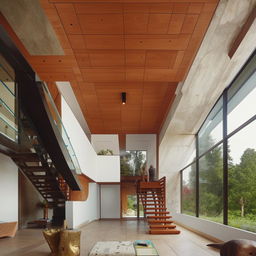 A very large living room featuring a stairway and a TV, inspired by the architecture details given in the provided link.