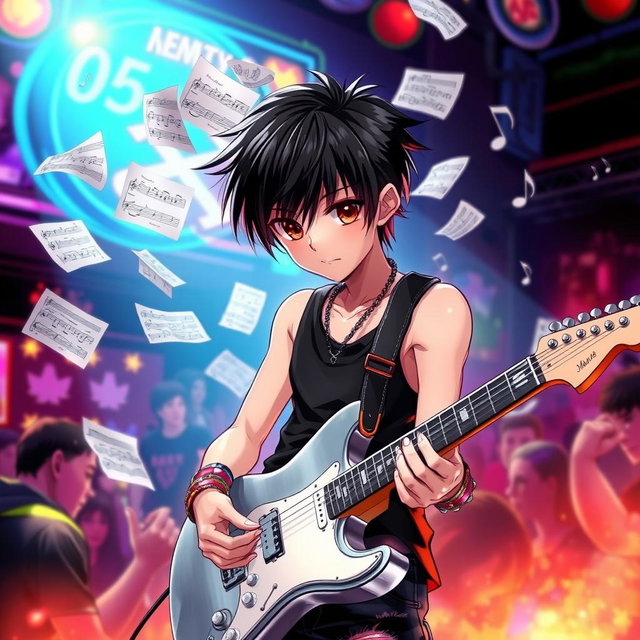 An anime boy with sleek, shiny black hair styled in a modern cut, deep expressive brown eyes, intensely focused on playing a silver electric guitar