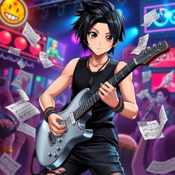 An anime boy with sleek, shiny black hair styled in a modern cut, deep expressive brown eyes, intensely focused on playing a silver electric guitar