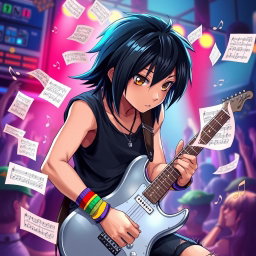 An anime boy with sleek, shiny black hair styled in a modern cut, deep expressive brown eyes, intensely focused on playing a silver electric guitar