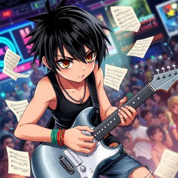 An anime boy with sleek, shiny black hair styled in a modern cut, deep expressive brown eyes, intensely focused on playing a silver electric guitar