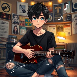 An anime boy with sleek black hair styled in a modern cut and deep expressive blue eyes, sitting calmly with a guitar resting on his knee