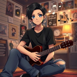 An anime boy with sleek black hair styled in a modern cut and deep expressive blue eyes, sitting calmly with a guitar resting on his knee