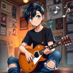An anime boy with sleek black hair styled in a modern cut and deep expressive blue eyes, sitting calmly with a guitar resting on his knee