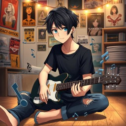 An anime boy with sleek black hair styled in a modern cut and deep expressive blue eyes, sitting calmly with a guitar resting on his knee