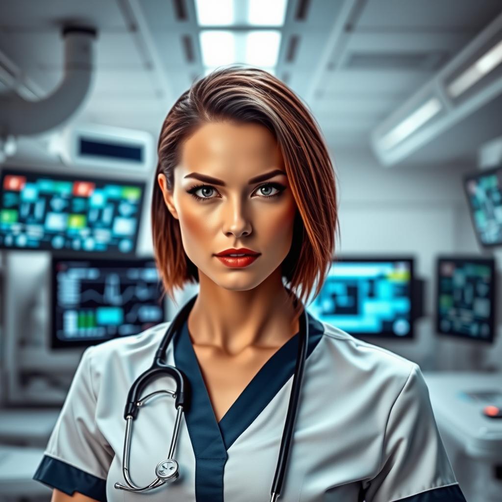 A woman dressed in a sleek, modern medical uniform, conveying an aura of intelligence and mastery in her field