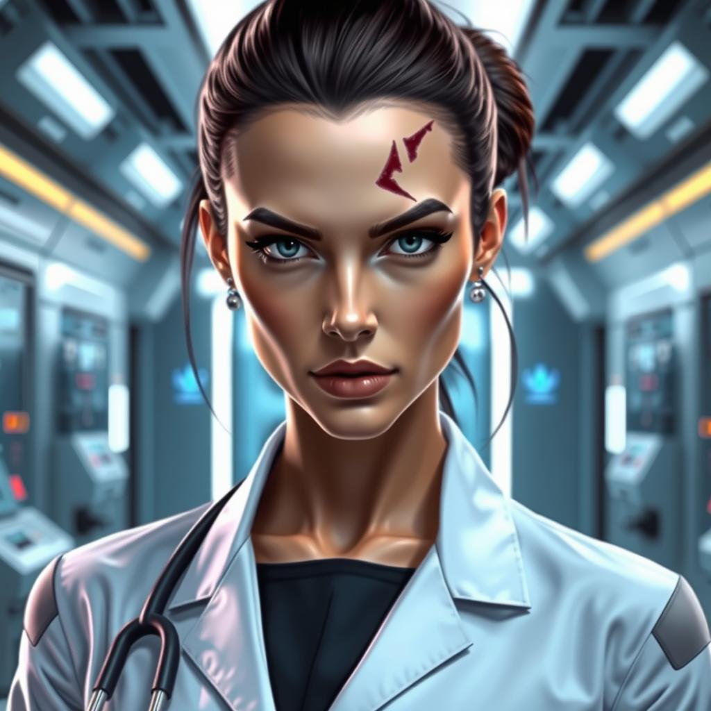 A stunning female doctor with an air of intimidation, showcasing superior intelligence