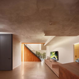 A very large living room featuring a stairway and a TV, inspired by the architecture details given in the provided link.