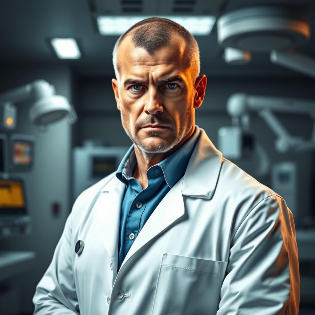 A formidable male doctor with an extraordinary intellect, exuding an intimidating presence