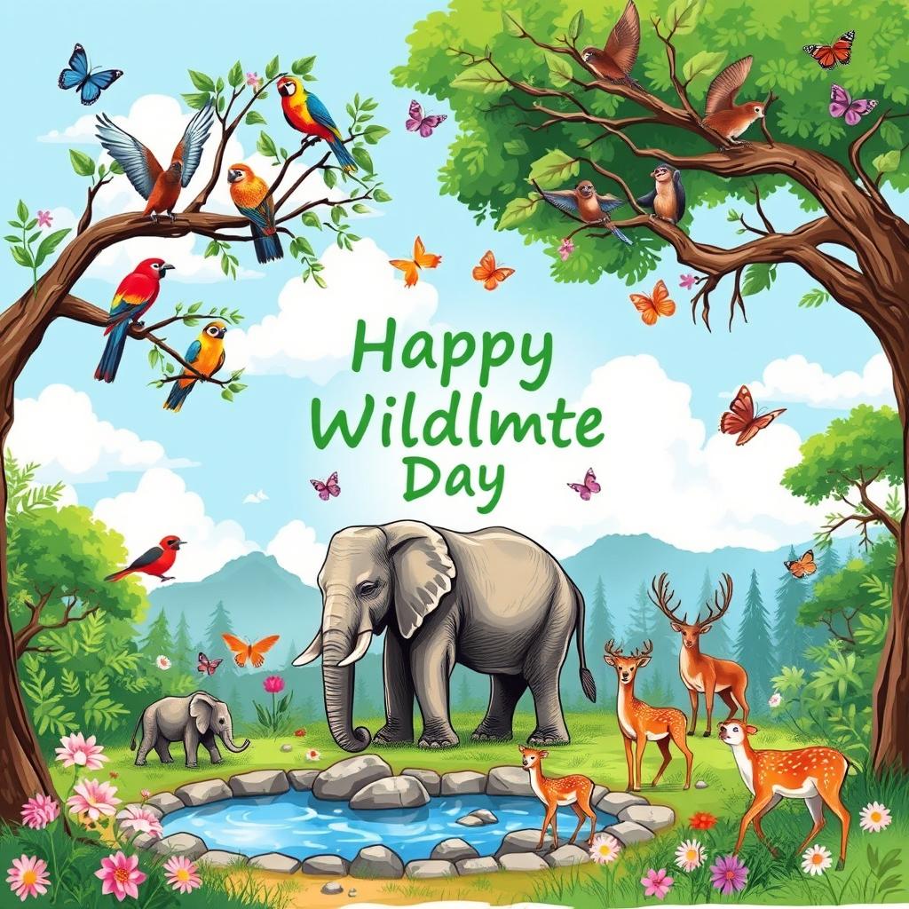 A vibrant and engaging wildlife day theme sketch, showcasing a variety of animals in their natural habitats