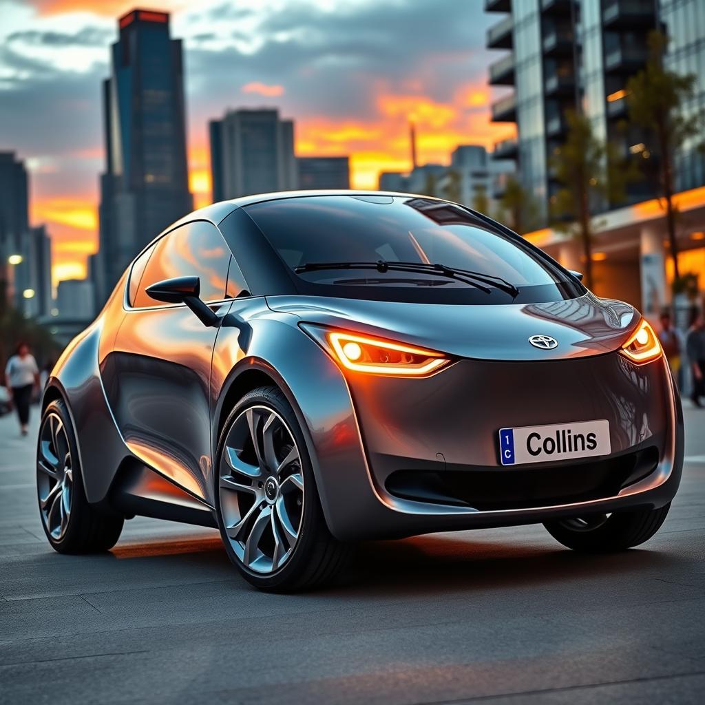 A sleek, modern car named 'Colins', featuring a futuristic design with smooth curves and a glossy metallic finish