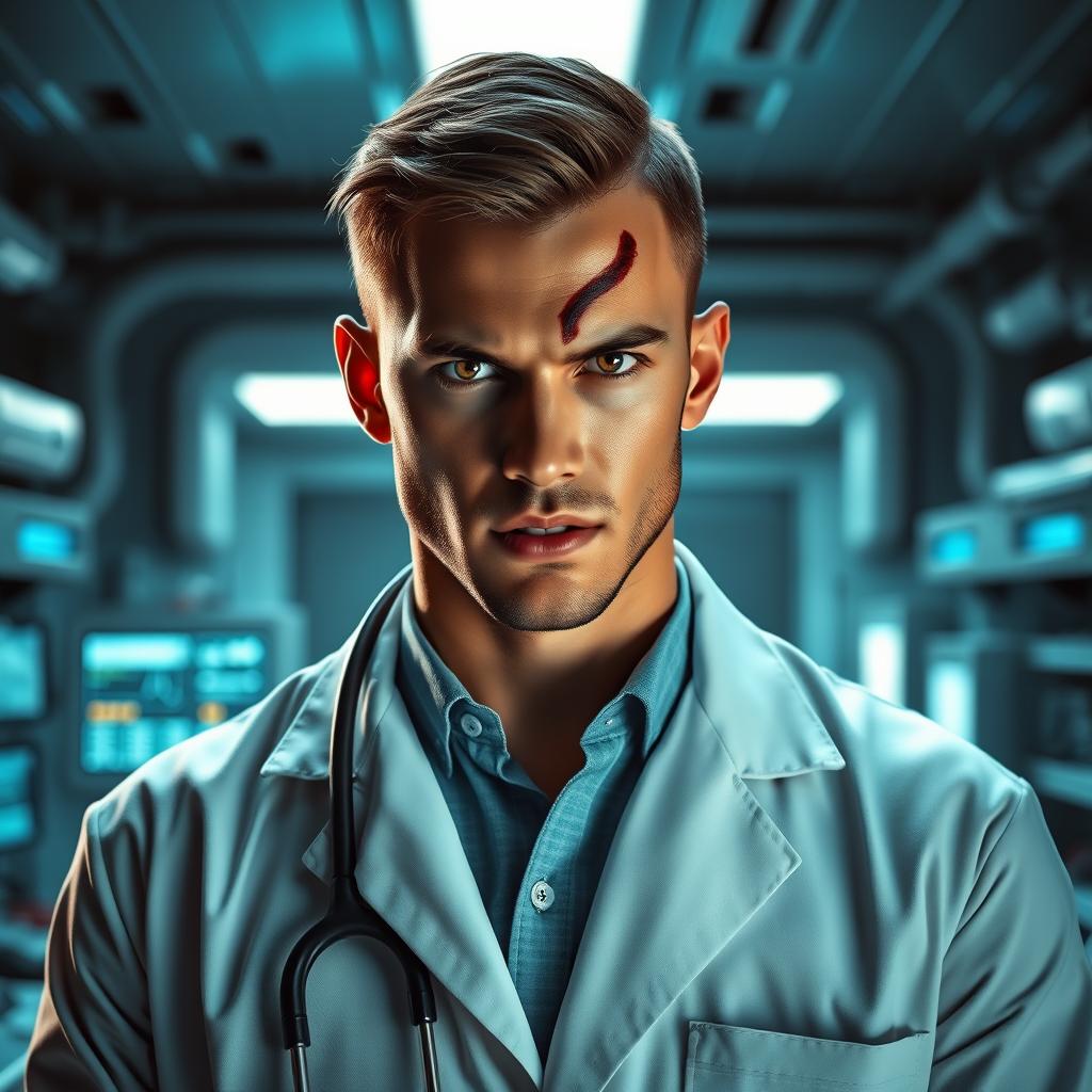 A young male doctor with superior intelligence, emanating an intimidating and powerful aura