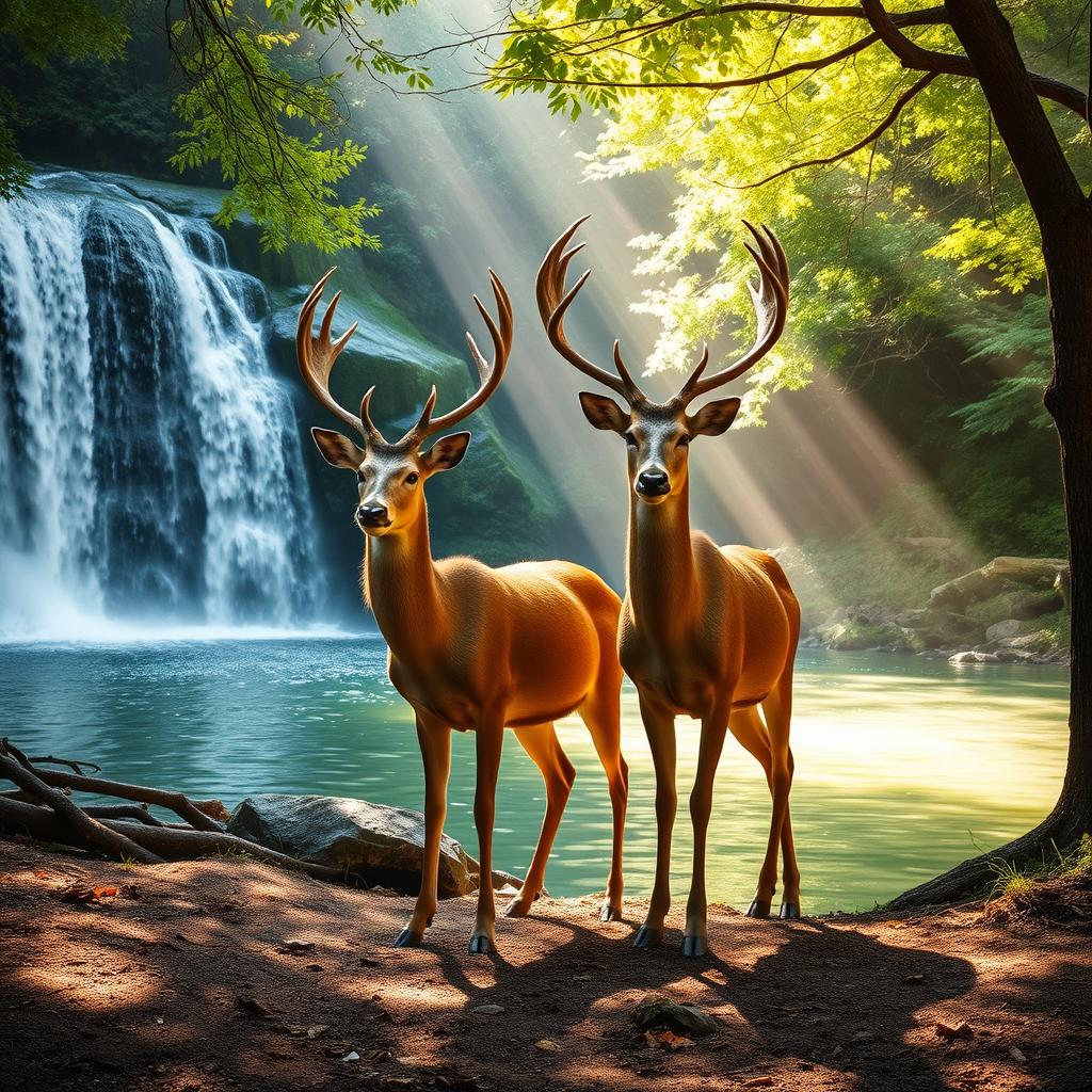 Two majestic deer standing gracefully next to a beautiful waterfall, surrounded by a lush green forest