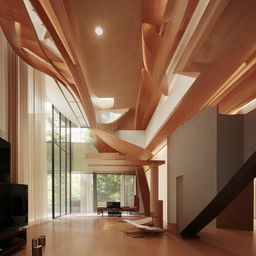 A very large living room featuring a stairway and a TV, inspired by the architecture details given in the provided link.