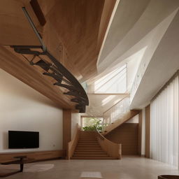 A very large living room featuring a stairway and a TV, inspired by the architecture details given in the provided link.