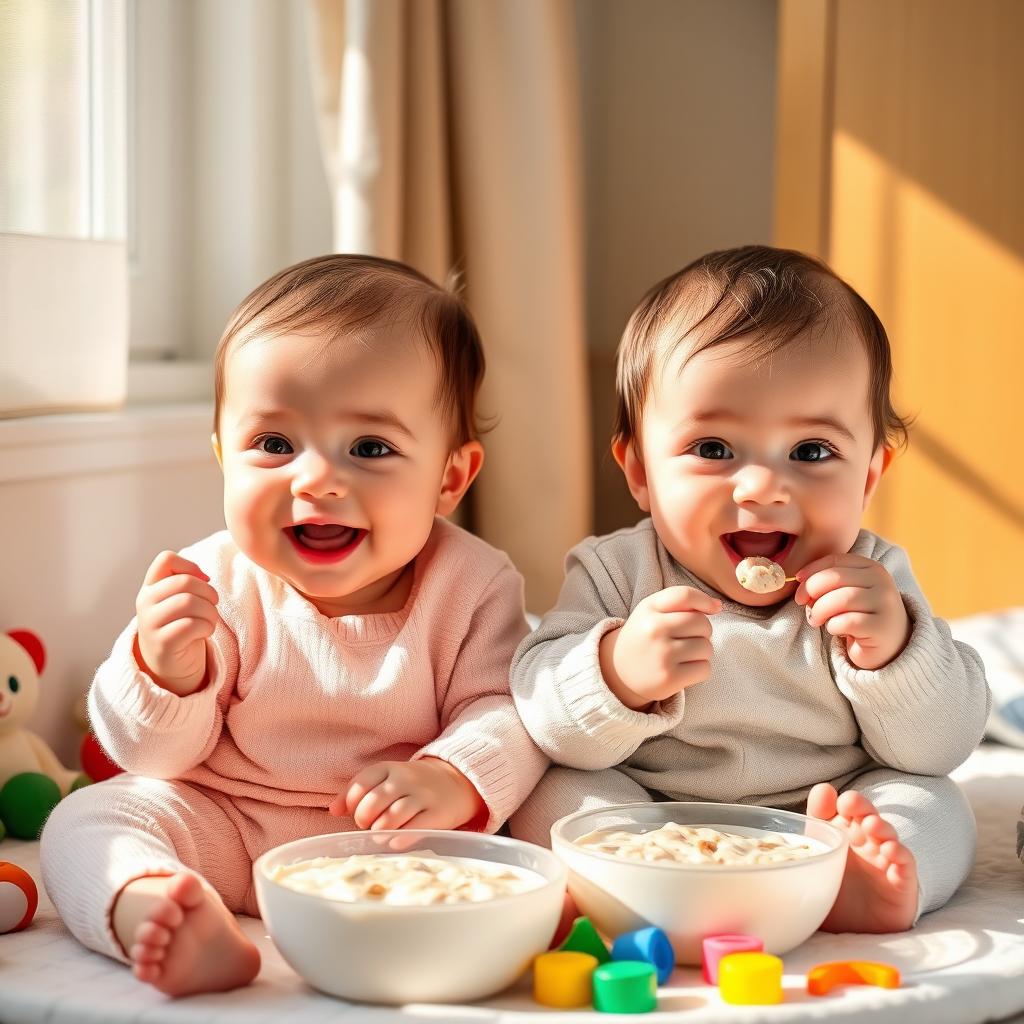 a serene scene featuring two cute infants, a beautiful two-month-old and a lovely three-month-old, sitting side by side in a cozy setting