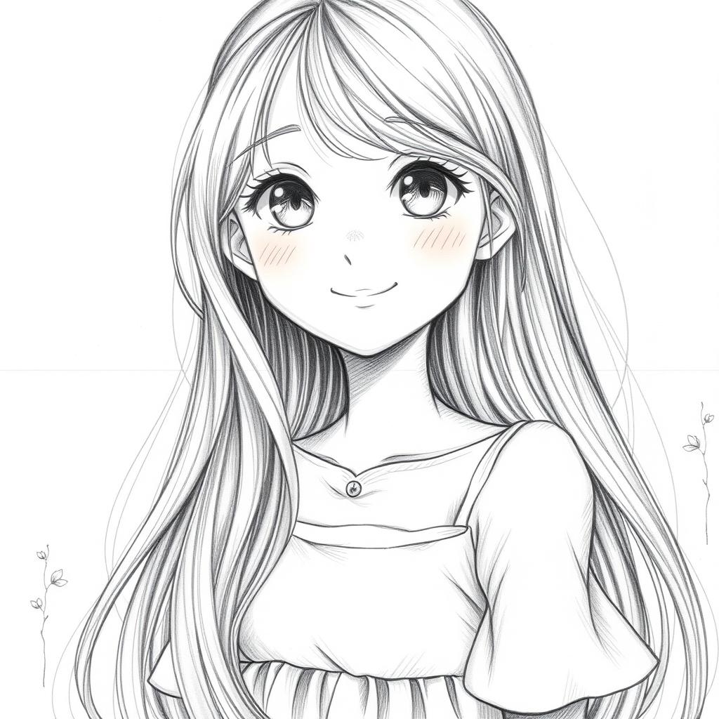A detailed pencil drawing of a girl with long, flowing hair, bright expressive eyes, wearing a simple yet elegant dress