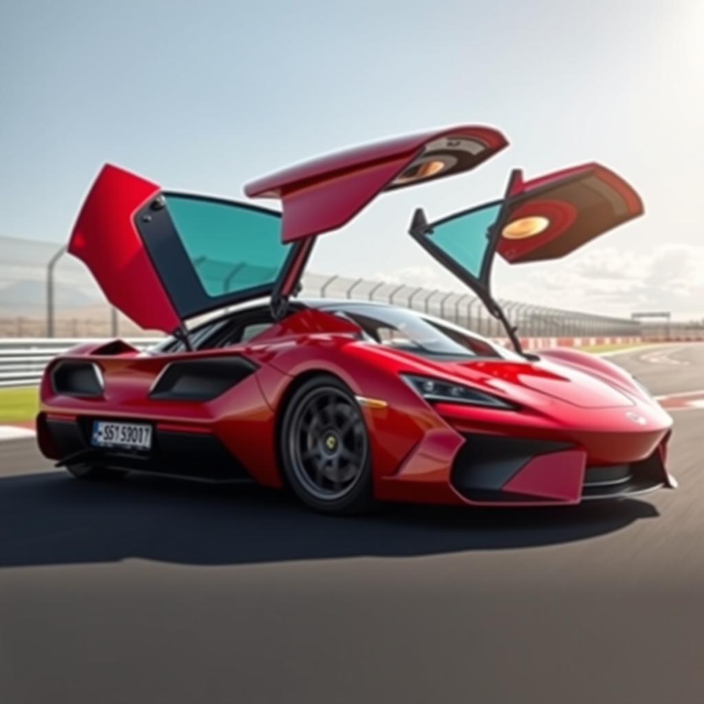 A striking super sports car with an innovative design featuring doors that open upwards, showcasing its luxurious and aerodynamic style
