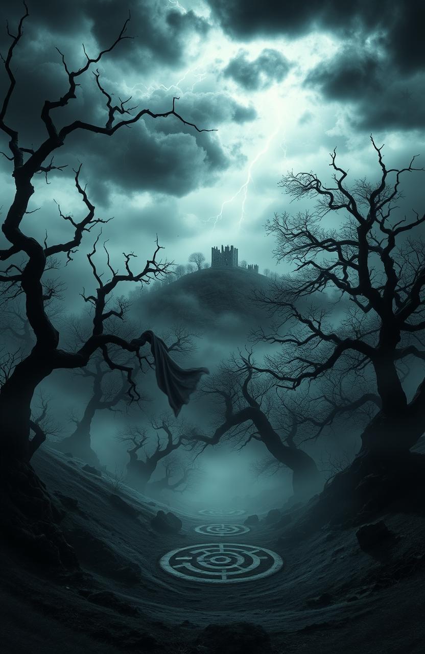 A haunting, mystical landscape shrouded in fog, with ancient trees twisted into eerie shapes and shadows lurking in the background