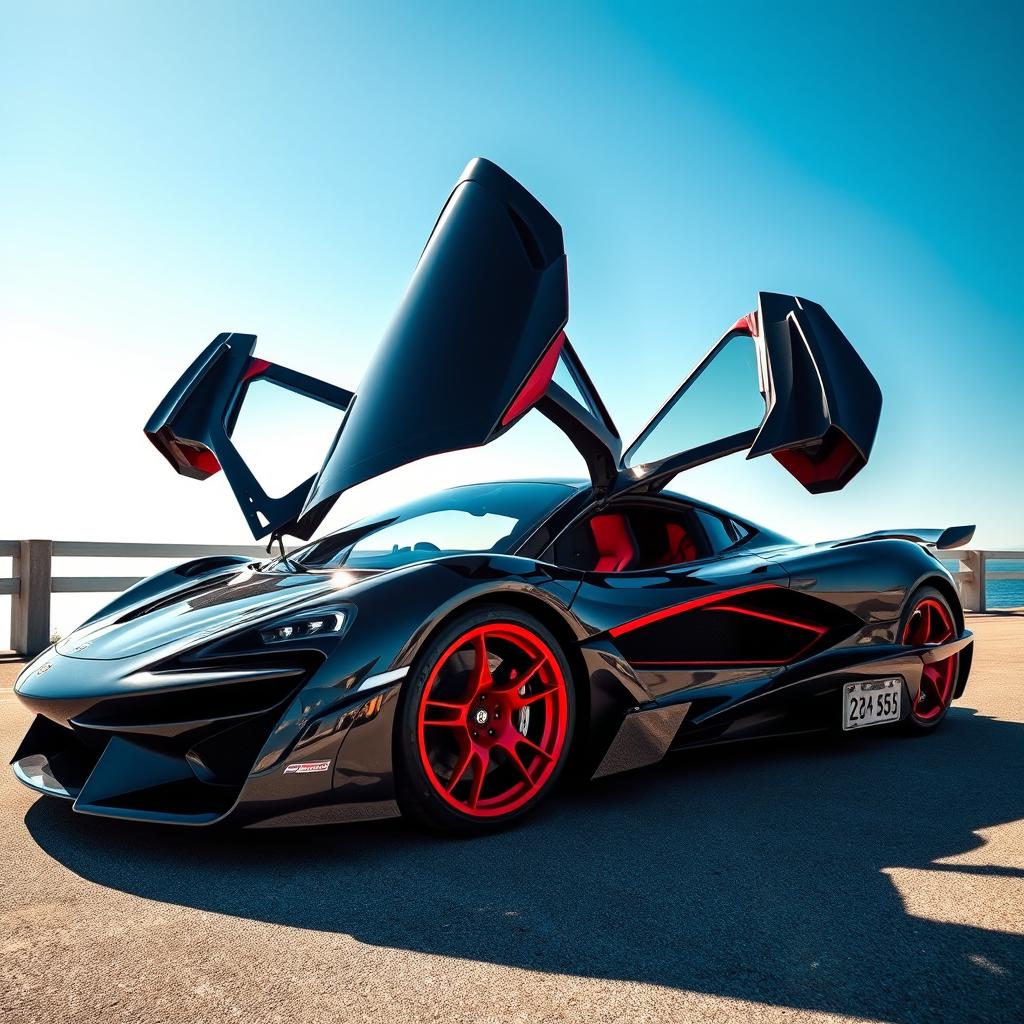 A dazzling super sports car with a bold and aerodynamic design, featuring upward-opening doors that dramatically enhance its sporty appeal