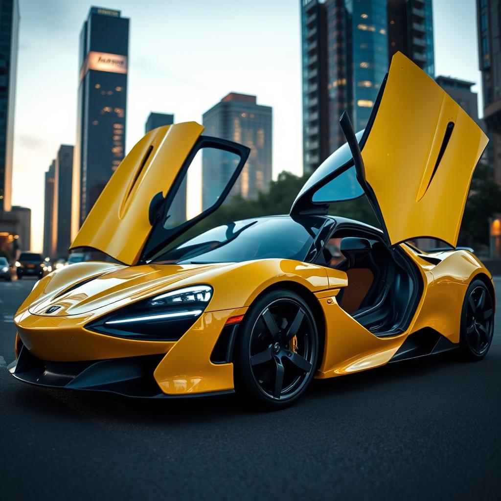 A stunning super sports car with a sleek, aerodynamic profile and upward-opening doors that add an exhilarating touch to its design