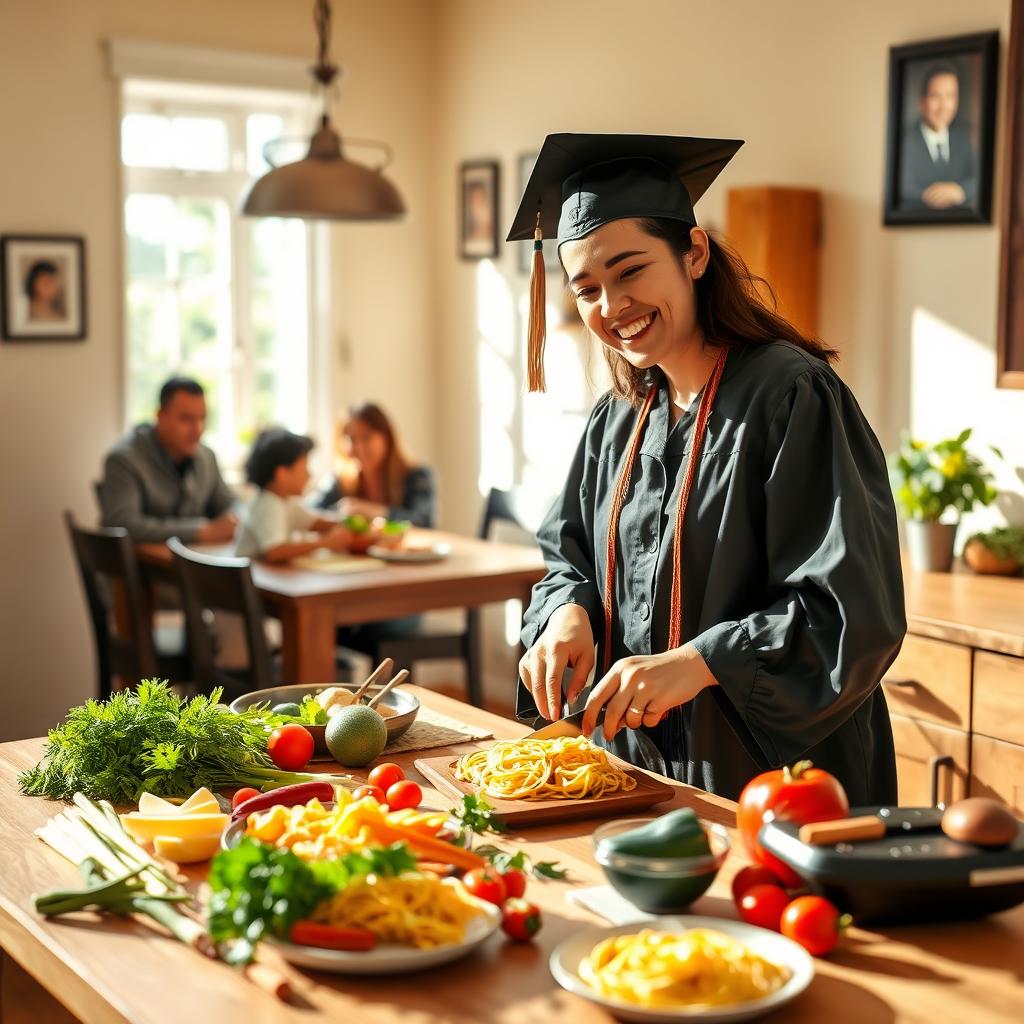 A heartwarming scene depicting a recent graduate, proudly wearing a graduation cap and gown, preparing a delicious home-cooked meal for their family in a cozy kitchen