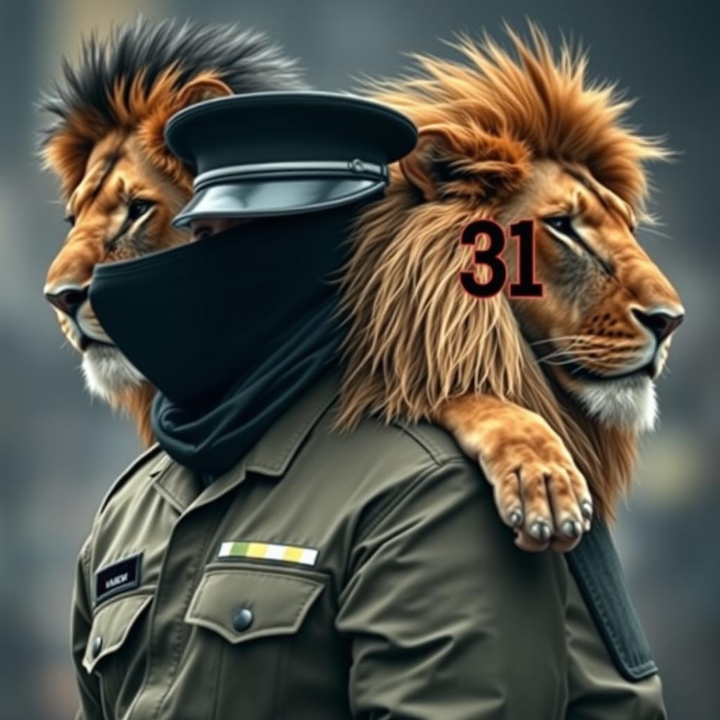 A figure dressed in a military uniform, with a mask covering their face, stands confidently
