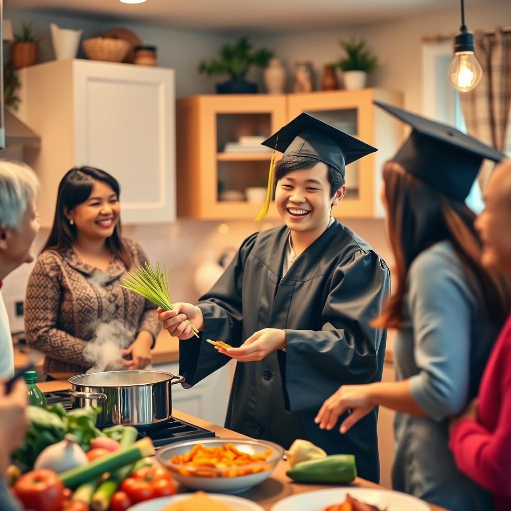 A heartwarming scene of a young graduate, wearing a cap and gown, joyfully cooking in a cozy kitchen for their family
