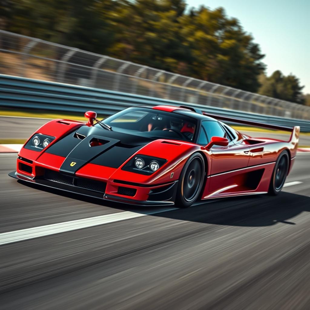 A stunningly designed car that is a unique half hybrid of a Koenigsegg and a Ferrari F40, showcasing the sleek, aerodynamic lines of the Koenigsegg combined with the iconic, aggressive styling of the Ferrari F40