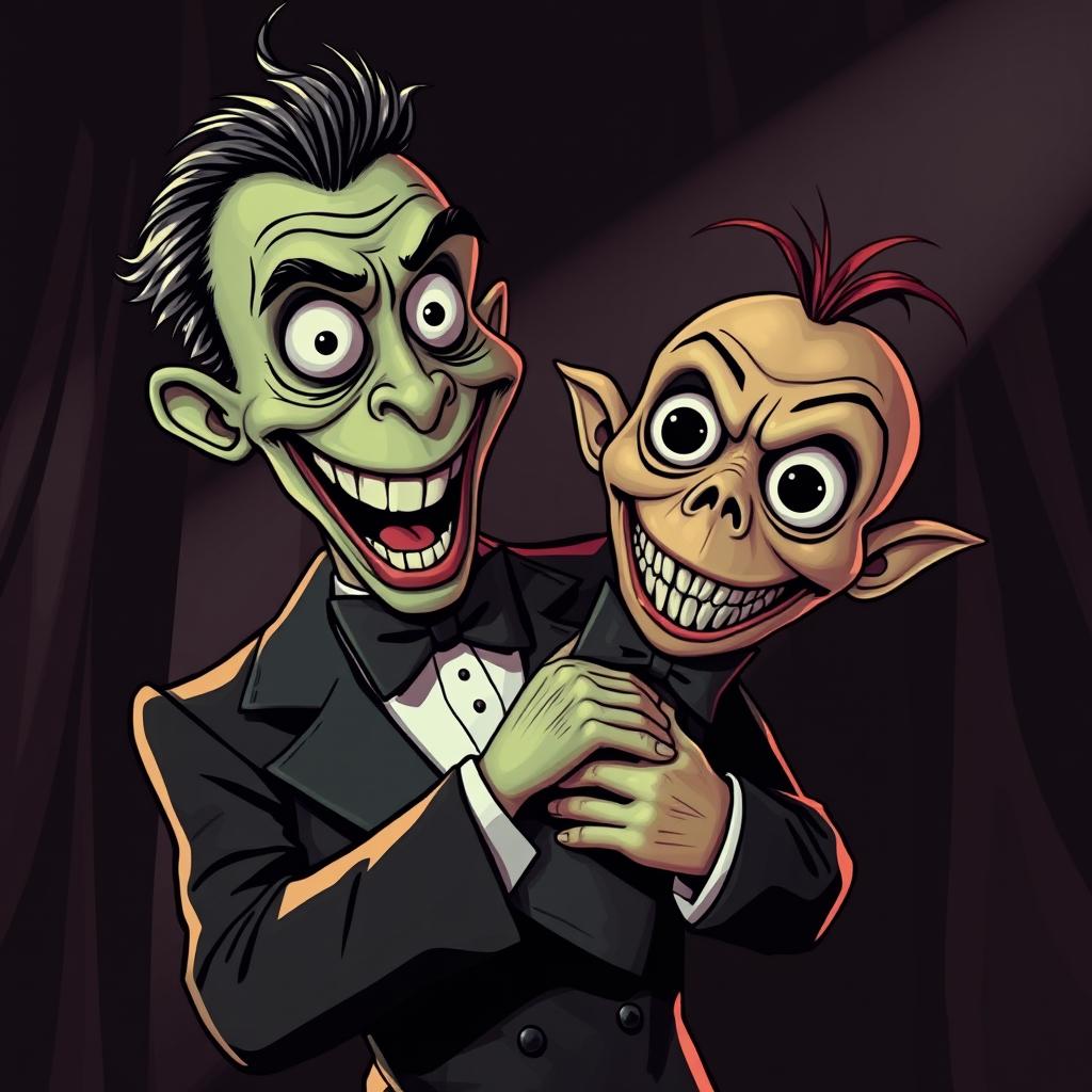 A creepy and cartoonish ventriloquist with a spooky expression, holding an eerie puppet