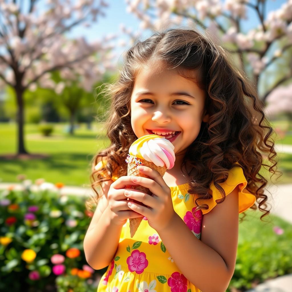 A young girl joyfully eating a colorful ice cream cone on a sunny day
