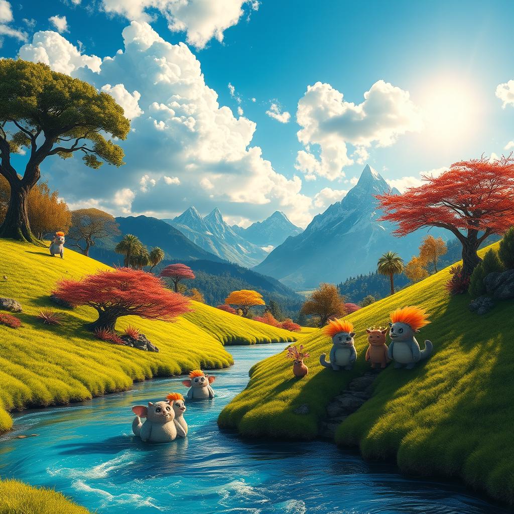 A fantastical landscape featuring a vibrant, otherworldly scene with lush, green hills under a bright blue sky dotted with fluffy white clouds